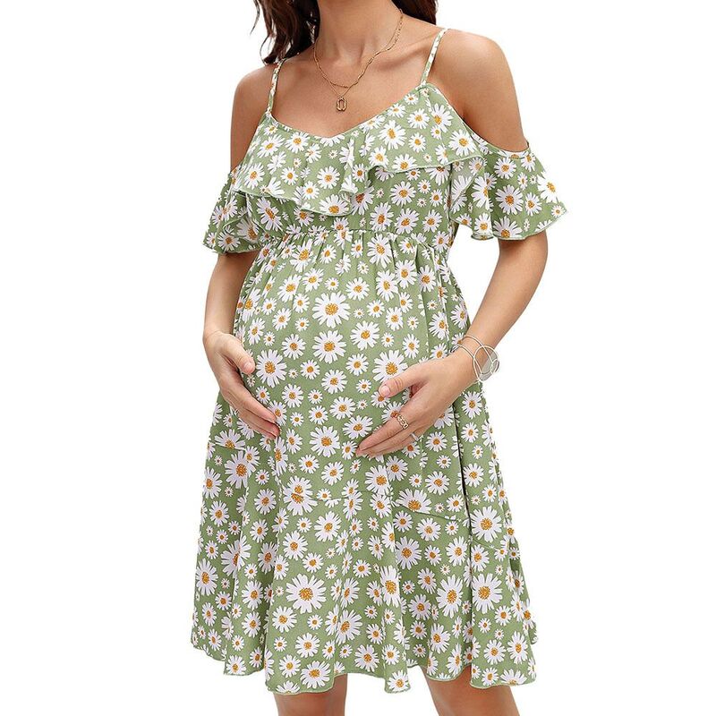 ジョイジョイ レディース トップス 衣装 非対称 刷り上げる midi マタニティ ホルター JoyJoy Maternity Daisy Print Dress Halter Short Sleeve Design Elastic Waist Asymmetric Hemidi Dress Green 緑であること