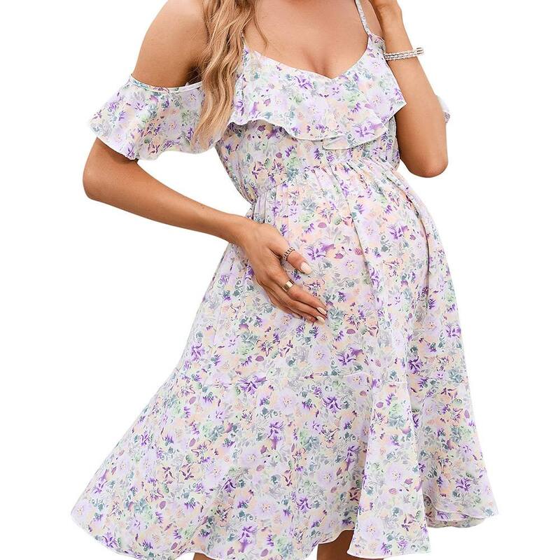 ジョイジョイ レディース トップス 衣装 非対称 刷り上げる midi マタニティ ホルター JoyJoy Maternity Daisy Print Dress Halter Short Sleeve Design Elastic Waist Asymmetric Hemidi Dress Purple パープル