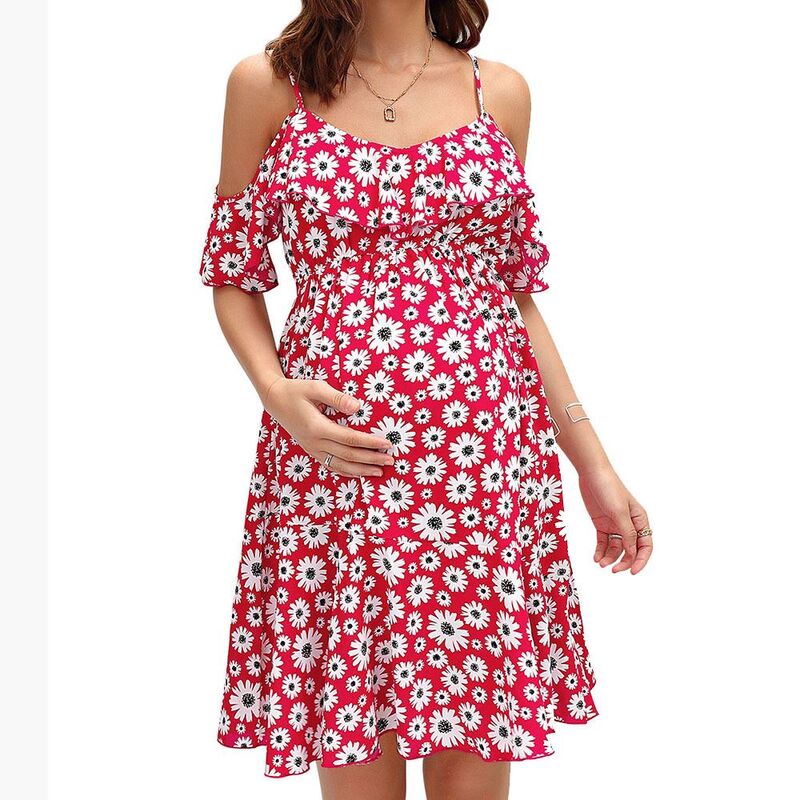 ジョイジョイ レディース トップス 衣装 非対称 刷り上げる midi マタニティ ホルター JoyJoy Maternity Daisy Print Dress Halter Short Sleeve Design Elastic Waist Asymmetric Hemidi Dress Red 赤いこと