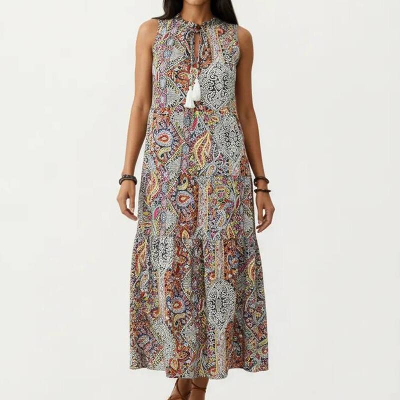 アンナカシ レディース トップス 衣装 刷り上げる ノースリーブ マキシ Anna-Kaci Women\u0027sleeveless Maxi Dress with Mixed Print Design and Tie Neck Detail Orange オレンジ色
