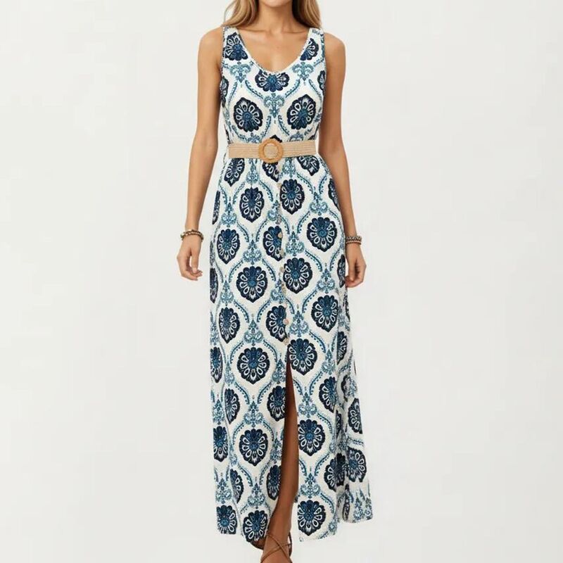 アンナカシ レディース トップス 衣装 向こう正面細長い切口 ノースリーブ マキシ Anna-Kaci Women\u0027sleeveless Maxi Dress with Medallion Pattern Belted Waist and Front Slit Blue 青み