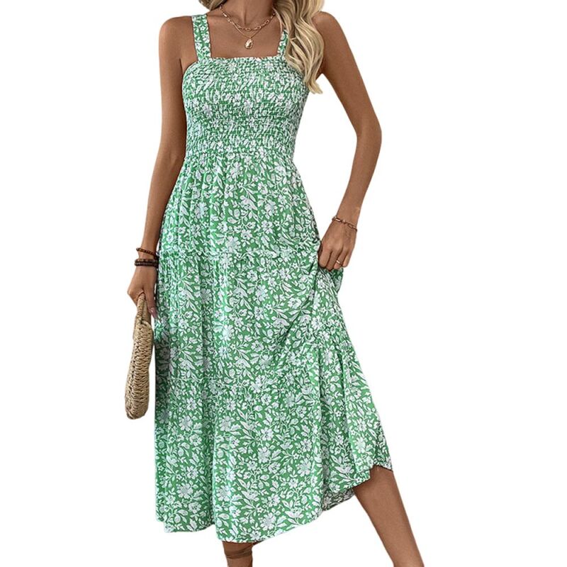ジョイジョイ レディース トップス 衣装 御花柄 刷り上げる midi ノースリーブ 御花 JoyJoy Women\u0027s Fresh Floral Print Cami Dressleeveless Elastic Waist Versatile Casual Midi Dress Green 緑であること