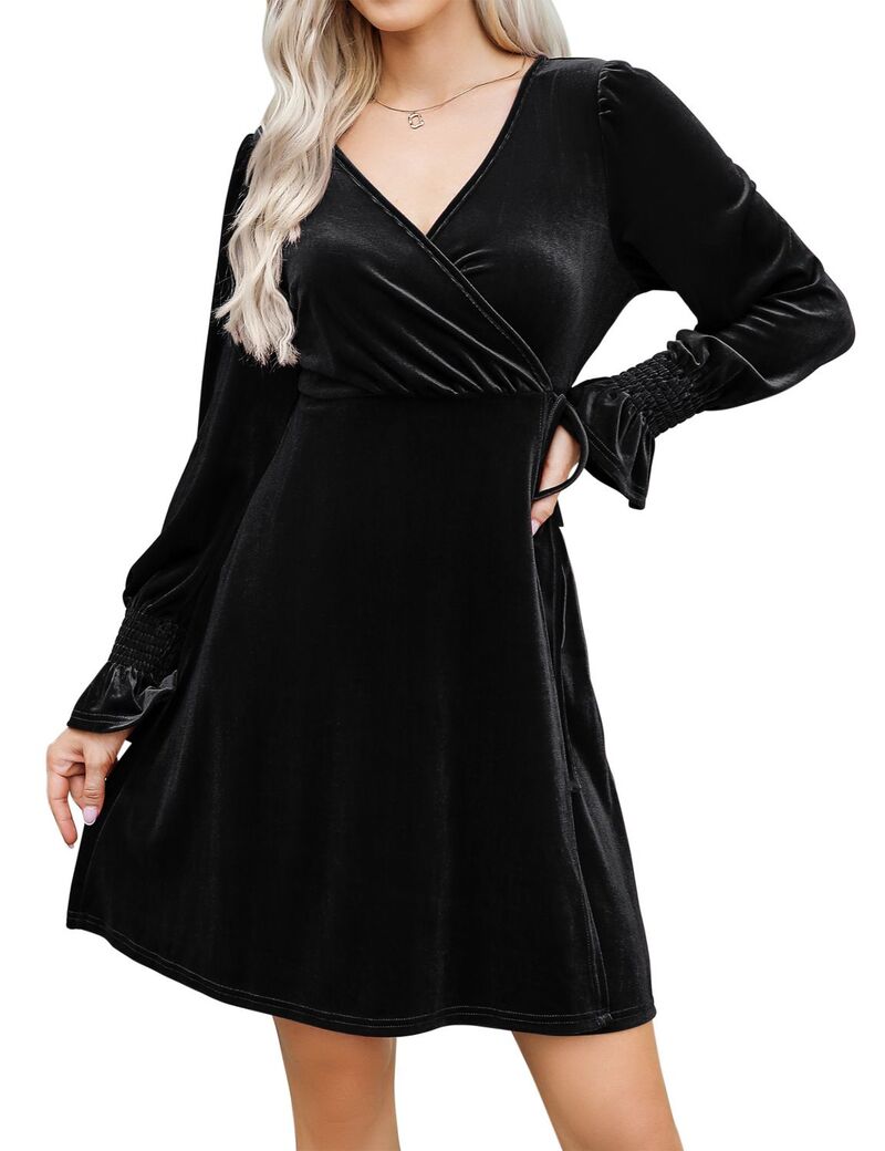 クリアラブ レディース トップス 衣装 V素っ首 midi シャーリング Clearlove Women\u0027s Midi Dress V Neck Long Sleevelastic Waist Smocked Elegant Dresses Black 黒いこと