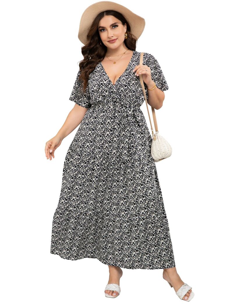 ファンジュライ レディース トップス 衣装 V素っ首 つけ加える大きさ フラウンス マキシ FUNJULY Women\u0027s Plusize Maxi Dress Ruffle Dressummer V Neck Dress Black 黒いこと