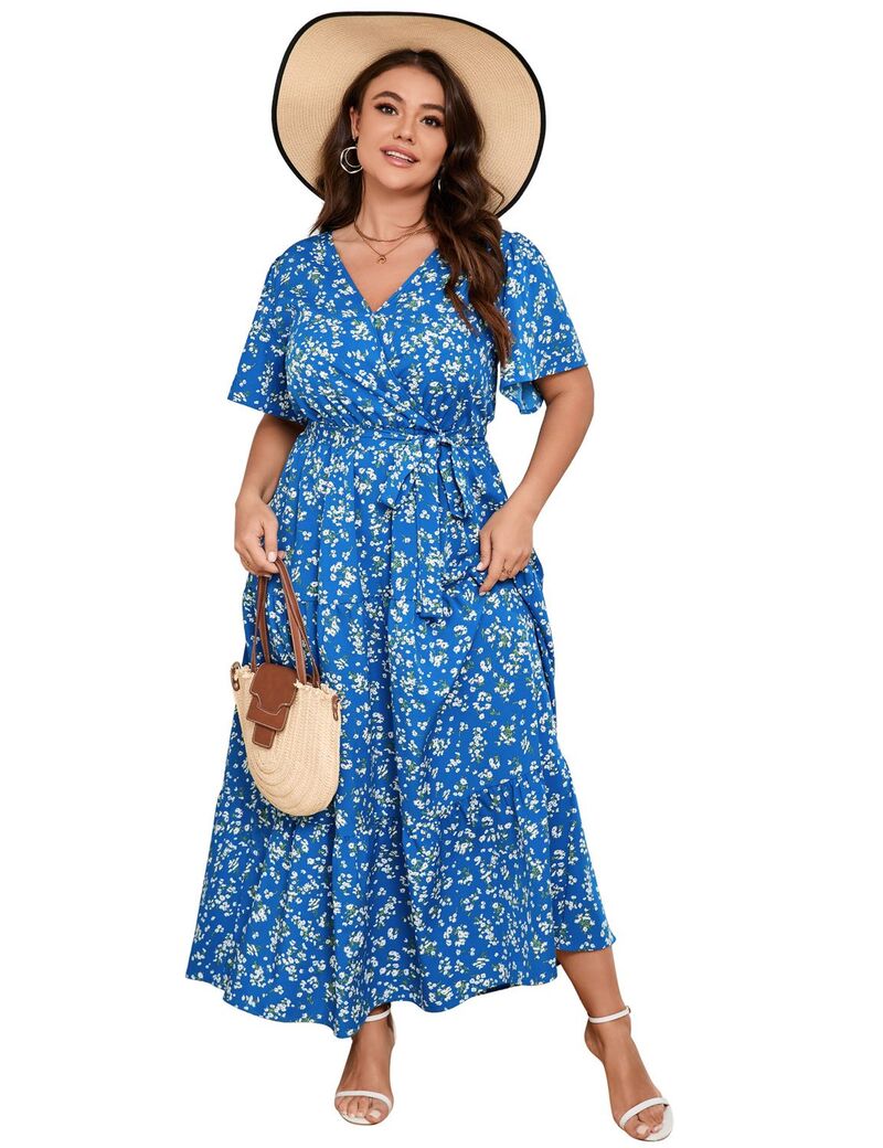 ファンジュライ レディース トップス 衣装 V素っ首 つけ加える大きさ フラウンス マキシ FUNJULY Women\u0027s Plusize Maxi Dress Ruffle Dressummer V Neck Dress Blue 青み
