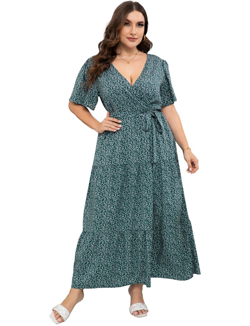 ファンジュライ レディース トップス 衣装 V素っ首 つけ加える大きさ フラウンス マキシ FUNJULY Women\u0027s Plusize Maxi Dress Ruffle Dressummer V Neck Dress Dark Green 緑であること