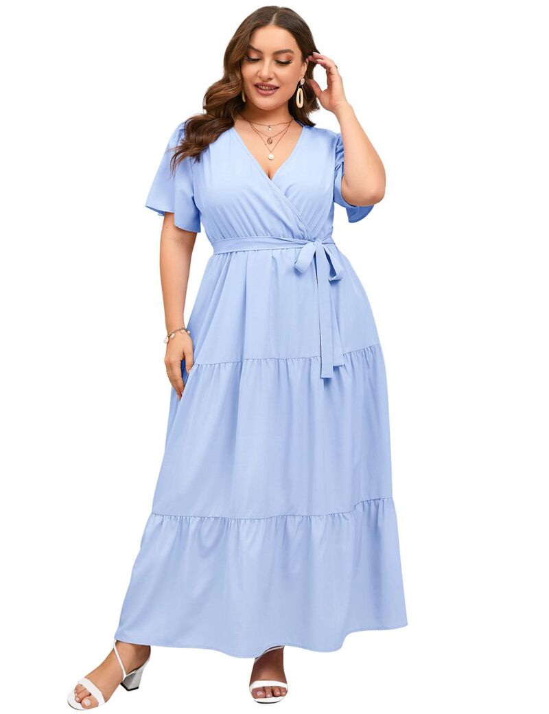ファンジュライ レディース トップス 衣装 V素っ首 つけ加える大きさ フラウンス マキシ FUNJULY Women\u0027s Plusize Maxi Dress Ruffle Dressummer V Neck Dress Light Blue 青み
