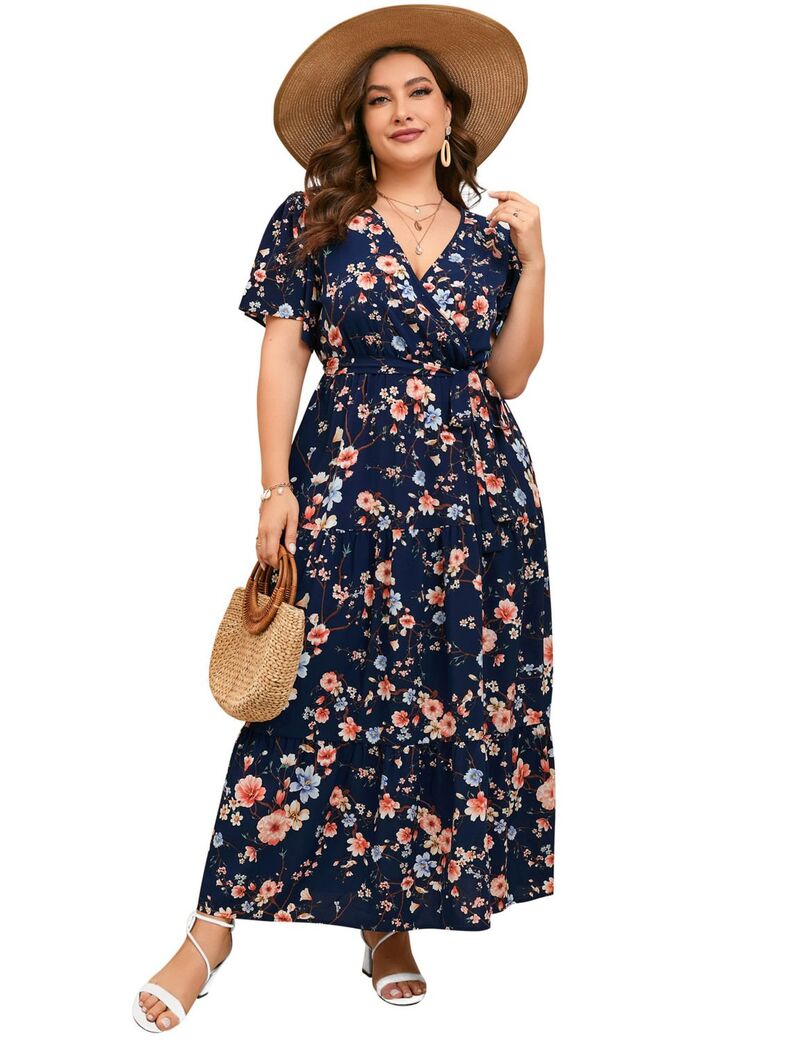 ファンジュライ レディース トップス 衣装 V素っ首 つけ加える大きさ フラウンス マキシ FUNJULY Women\u0027s Plusize Maxi Dress Ruffle Dressummer V Neck Dress Navy Blue Blossom 米国海軍