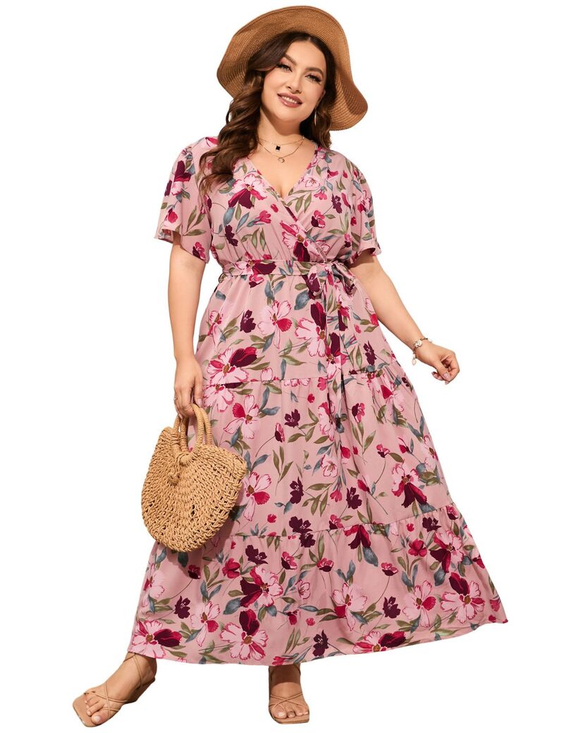 ファンジュライ レディース トップス 衣装 V素っ首 つけ加える大きさ フラウンス マキシ FUNJULY Women\u0027s Plusize Maxi Dress Ruffle Dressummer V Neck Dress Pink Flower サクラ色