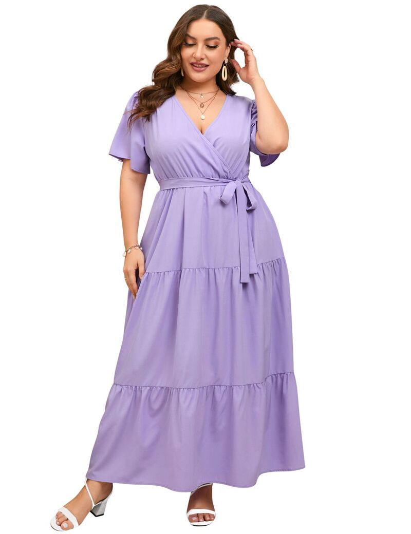 ファンジュライ レディース トップス 衣装 V素っ首 つけ加える大きさ フラウンス マキシ FUNJULY Women\u0027s Plusize Maxi Dress Ruffle Dressummer V Neck Dress Purple パープル
