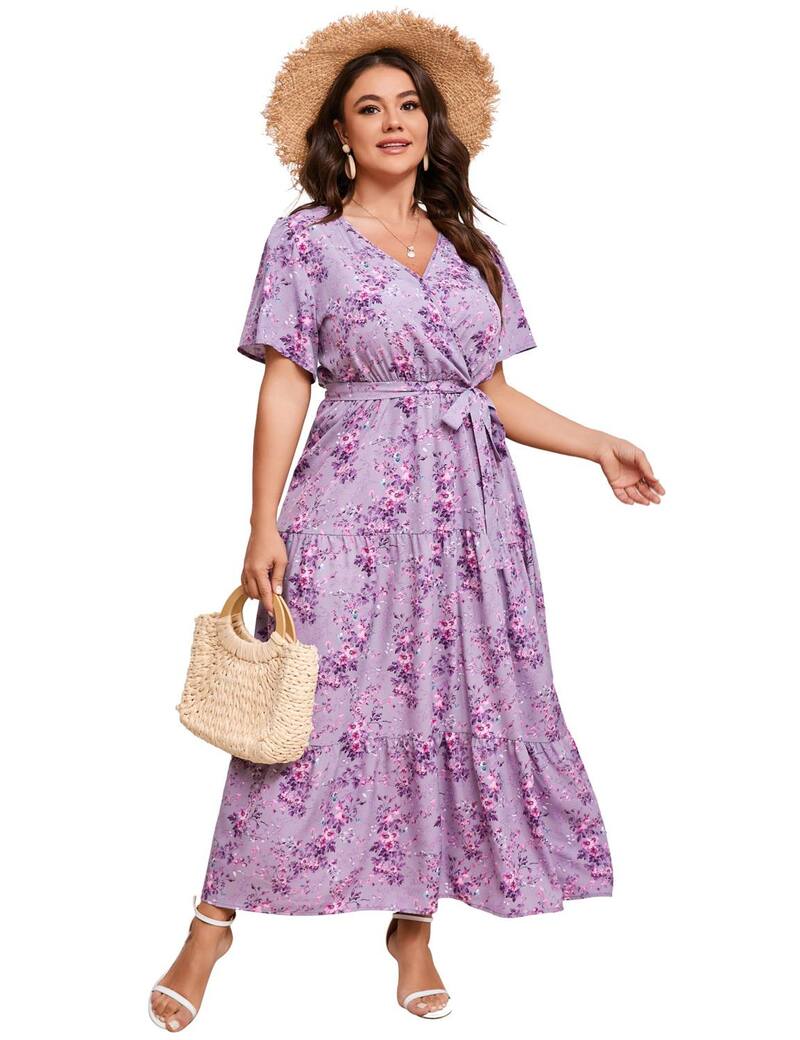 ファンジュライ レディース トップス 衣装 V素っ首 つけ加える大きさ フラウンス マキシ FUNJULY Women\u0027s Plusize Maxi Dress Ruffle Dressummer V Neck Dress Purple Blossom パープル