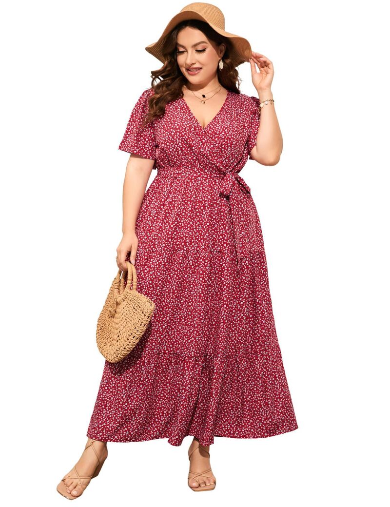 ファンジュライ レディース トップス 衣装 V素っ首 つけ加える大きさ フラウンス マキシ FUNJULY Women\u0027s Plusize Maxi Dress Ruffle Dressummer V Neck Dress Red Flower 赤いこと
