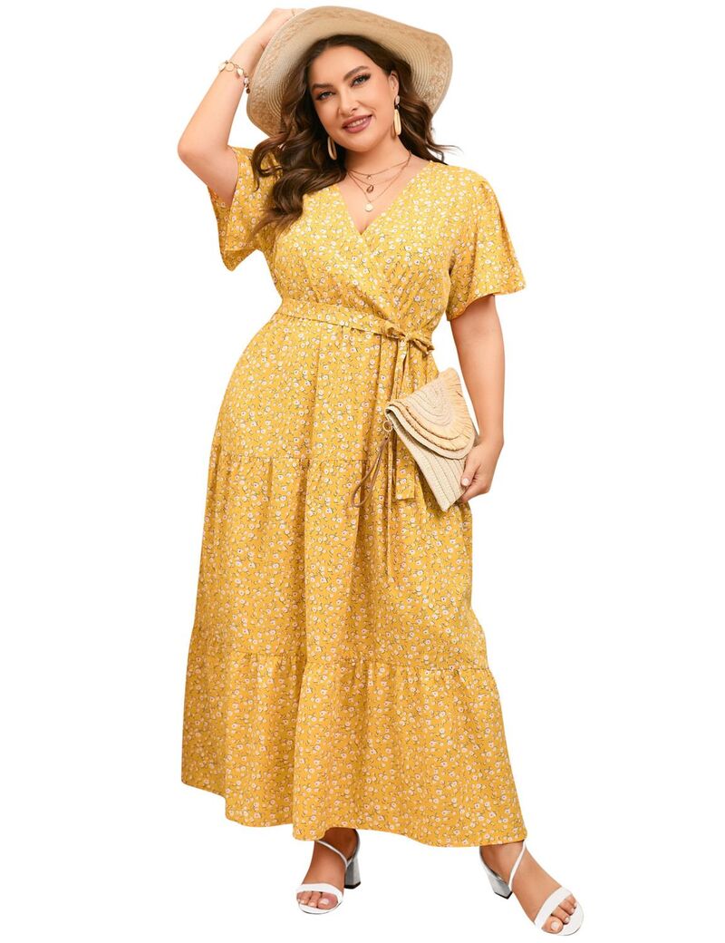 ファンジュライ レディース トップス 衣装 V素っ首 つけ加える大きさ フラウンス マキシ FUNJULY Women\u0027s Plusize Maxi Dress Ruffle Dressummer V Neck Dress Yellow Flowers 黄色