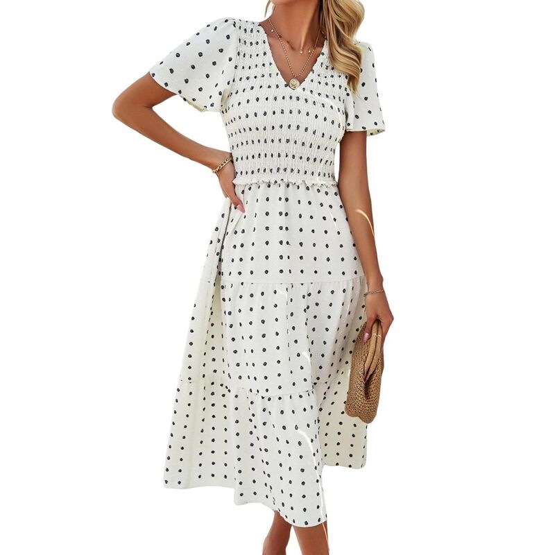 クリアラブ レディース トップス 衣装 ティアード A 伝達ルート midi シャーリング Clearlove Women\u0027summer Flutter Short Sleeve Smocked Midi Tiered A-Line Casual Dress Beige ベージュ