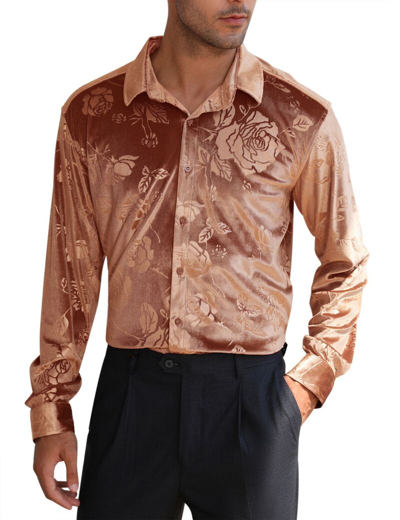 エリートチョイス レディース トップス Tシャツ ヴィンテージ ボタンダウン ベルベット ダウン Elitechoice Men's Velvet Button Down Shirts Long Sleeve Collared Vintagembossing Office Business Casual Tops Coffee コーヒー｜ReVida 店