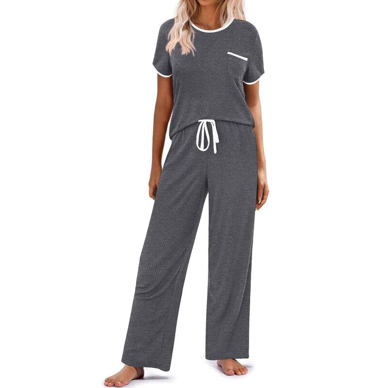 エコアー レディース アンダーお召しもの ナイト爵お召しもの 肋材 編み物 Ekouaer Women Lounge Pajamasets Ribbed Knit PJ Short Sleeve and Long Pj Pant Soft 2 Pc Sleepwear Charcoal 濃灰色