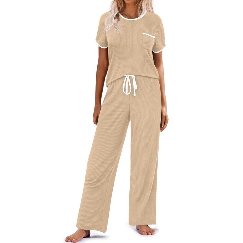 エコアー レディース アンダーお召しもの ナイト爵お召しもの 肋材 編み物 Ekouaer Women Lounge Pajamasets Ribbed Knit PJ Short Sleeve and Long Pj Pant Soft 2 Pc Sleepwear Darkhaki カーキ