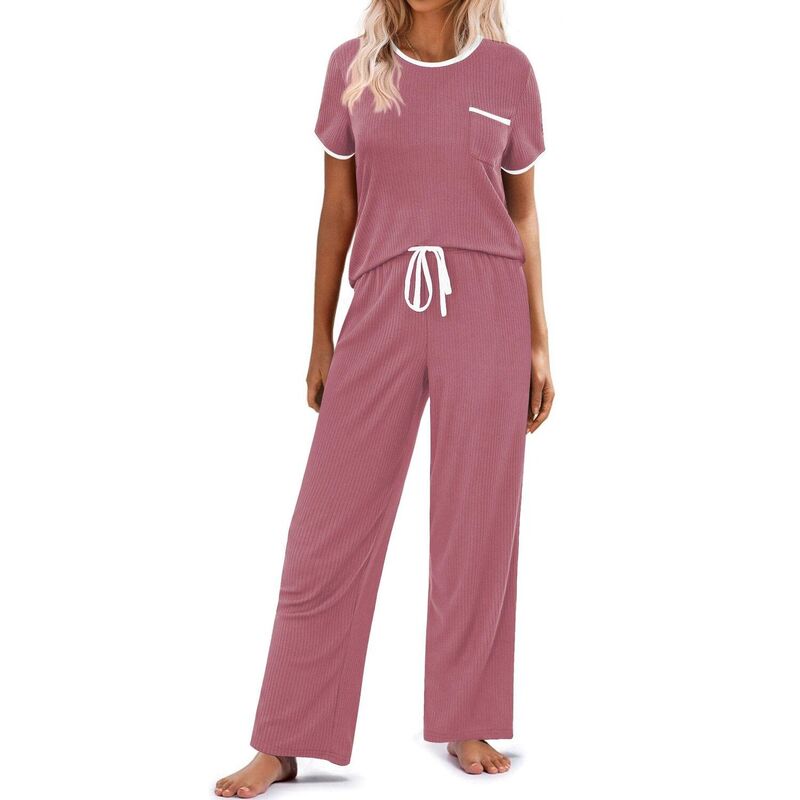 エコアー レディース アンダーお召しもの ナイト爵お召しもの 肋材 編み物 Ekouaer Women Lounge Pajamasets Ribbed Knit PJ Short Sleeve and Long Pj Pant Soft 2 Pc Sleepwear Dark Pink サクラ色