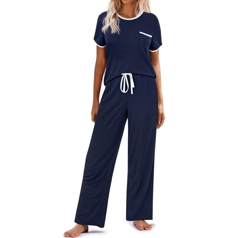 エコアー レディース アンダーお召しもの ナイト爵お召しもの 肋材 編み物 Ekouaer Women Lounge Pajamasets Ribbed Knit PJ Short Sleeve and Long Pj Pant Soft 2 Pc Sleepwear Navy Blue 米国海軍