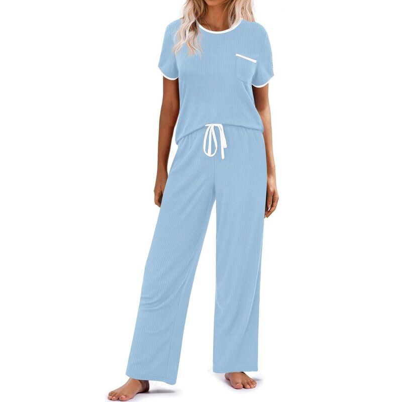エコアー レディース アンダーお召しもの ナイト爵お召しもの 肋材 編み物 Ekouaer Women Lounge Pajamasets Ribbed Knit PJ Short Sleeve and Long Pj Pant Soft 2 Pc Sleepwear Powder