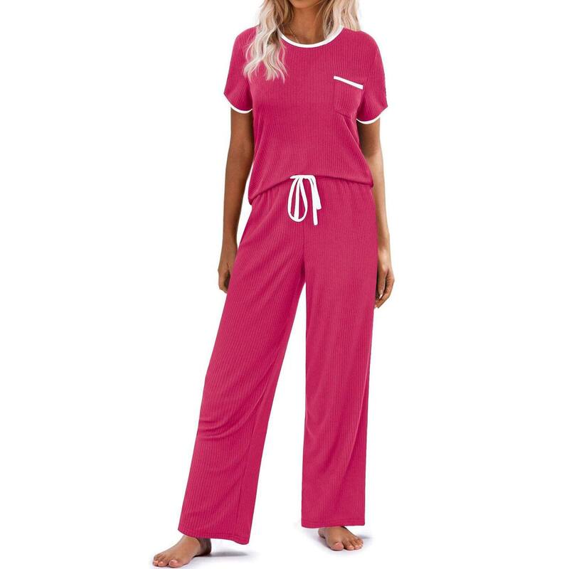 エコアー レディース アンダーお召しもの ナイト爵お召しもの 肋材 編み物 Ekouaer Women Lounge Pajamasets Ribbed Knit PJ Short Sleeve and Long Pj Pant Soft 2 Pc Sleepwearose