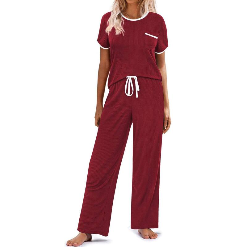 エコアー レディース アンダーお召しもの ナイト爵お召しもの 肋材 編み物 Ekouaer Women Lounge Pajamasets Ribbed Knit PJ Short Sleeve and Long Pj Pant Soft 2 Pc Sleepwear Wine ぶどう酒