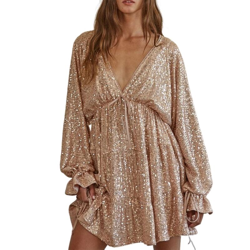 エリートチョイス レディース トップス 衣装 V素っ首 ティアード ミニ スパンコール Elitechoice Women\u0027s V-Neck Sequin Mini Dress Long Puff Sleeve Tie Waistieredress Champagne 三鞭酒