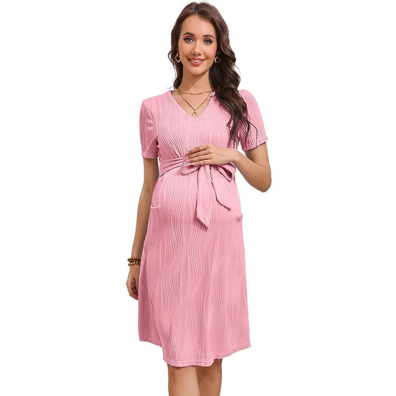 ジョイジョイ レディース トップス 衣装 Vのど首 ひざ丈 MIDI マタニティ JoyJoy Maternity V Neck Short Sleeve Tie Waist Knee Length Dress Casual Summer Midi Dresses Baby Shower Pink サクラ色