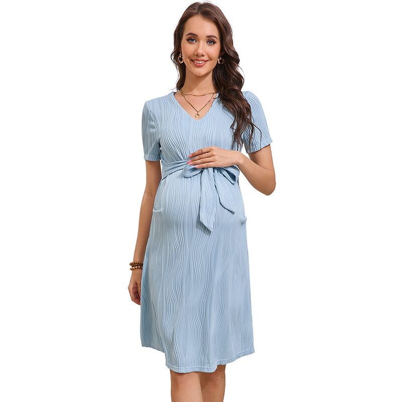 ジョイジョイ レディース トップス 衣装 V素っ首 ひざ丈 midi マタニティ JoyJoy Maternity V Neck Short Sleeve Tie Waist Knee Length Dress Casual Summer Midi Dresses Baby Shower Sky Blue 青み
