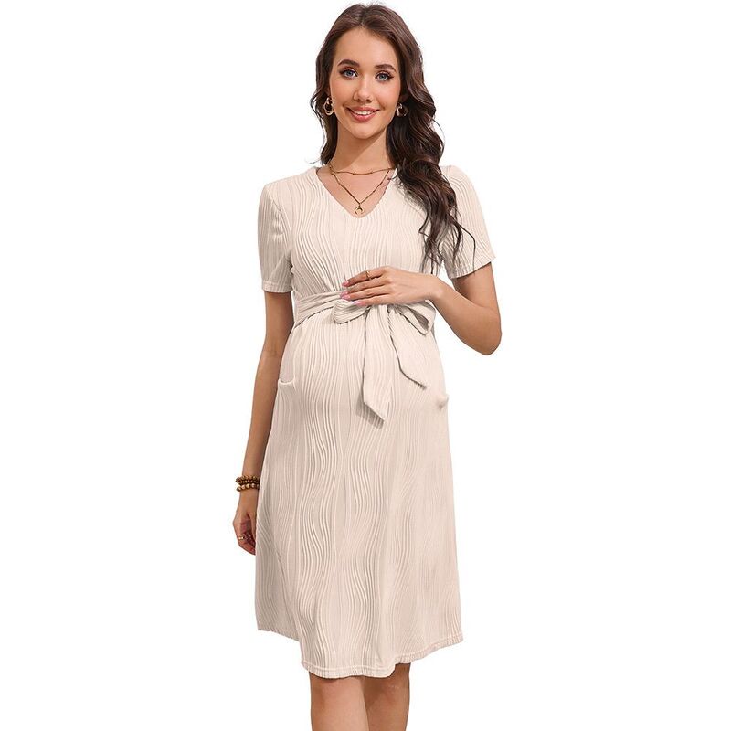 ジョイジョイ レディース トップス 衣装 Vのど首 ひざ丈 MIDI マタニティ JoyJoy Maternity V Neck Short Sleeve Tie Waist Knee Length Dress Casual Summer Midi Dresses Baby Shower White 白いこと
