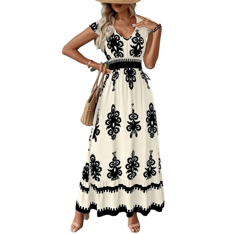 クリアラブ レディース トップス 衣装 Vのど首 A 生産ライン シャーリング マキシ Clearlove Women\u0027s Casual Summer Boho Maxi Dress V Neck A Line Smocked Waist Beach Long Dress Apricot 杏