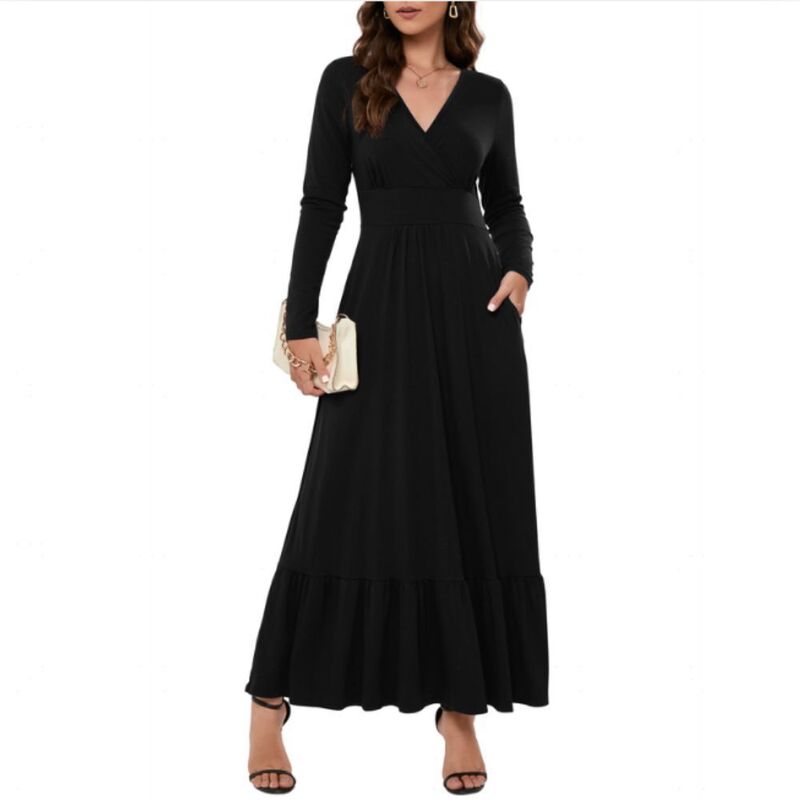 クリアラブ レディース トップス 衣装 Vのど首 フラウンス マキシ Clearlove Womens Long Sleeve Deep V Neck Maxi Dress Ruffles Long Casual Dresses for Women with Pockets Black 黒いこと