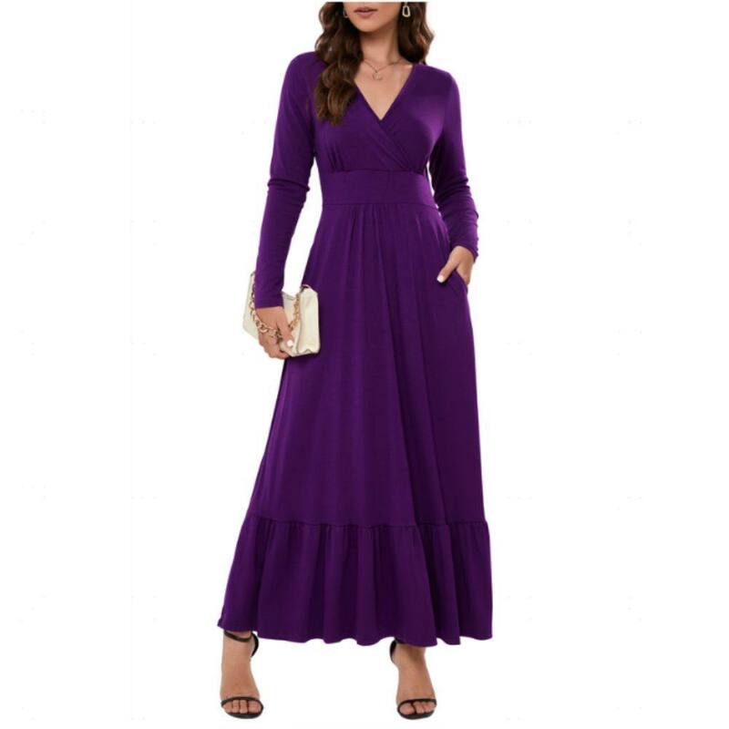 クリアラブ レディース トップス 衣装 Vのど首 フラウンス マキシ Clearlove Womens Long Sleeve Deep V Neck Maxi Dress Ruffles Long Casual Dresses for Women with Pockets Purple パープル