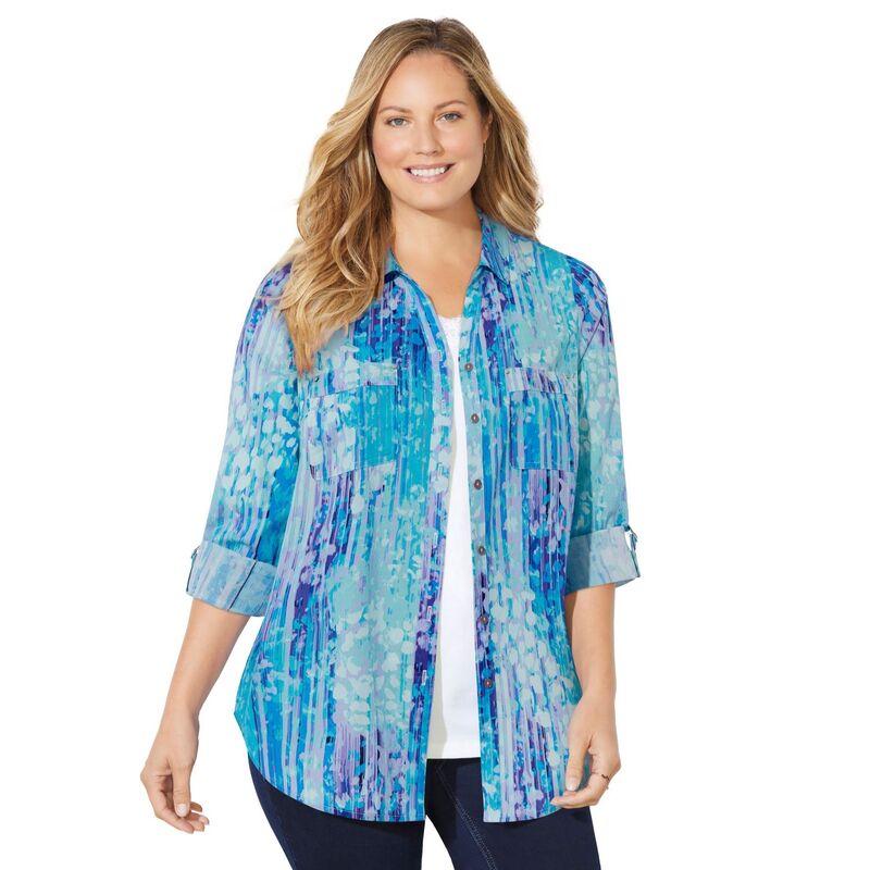 キャサリンズ レディース トップス シャツ プラスサイズ Catherines Women's Plusize The New Utility Shirt Aqua Ombre Petals アクア｜ReVida 店