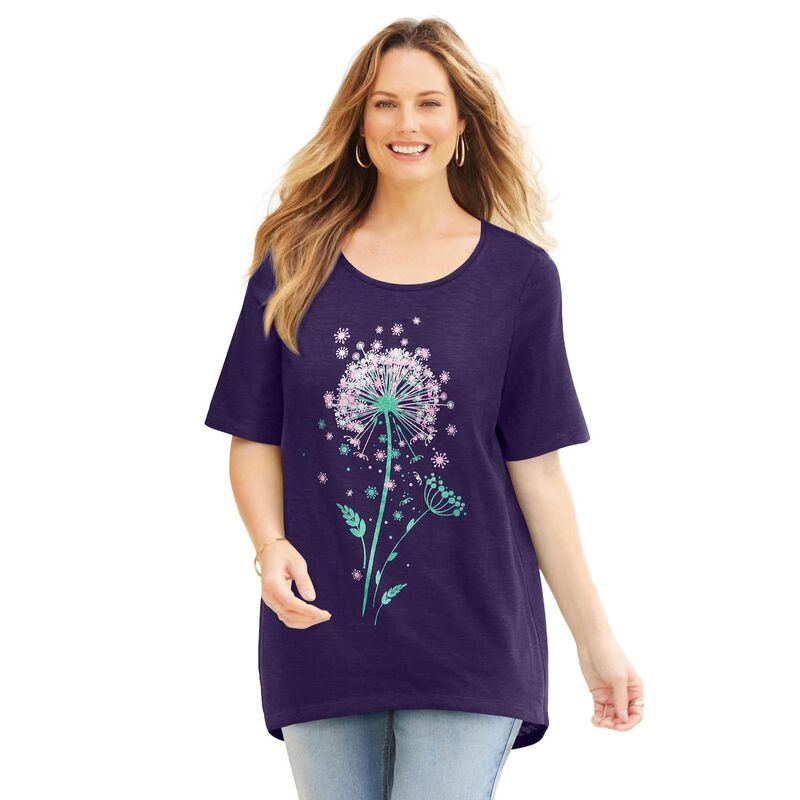 キャサリンズ レディース トップス Tシャツ プラスサイズ スパンコール ニット Catherines Women's Plusize Slub Knit Sparkling Sequin Tee Deep Grape Dandelion グレープ｜ReVida 店