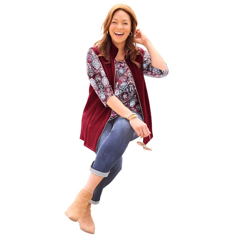 キャサリンズ レディース アウター ニット・セーター プラスサイズ ベスト Catherines Women's Plusize Zip-Front Cable Vest Rich Burgundy バーガンディ|ReVida 店