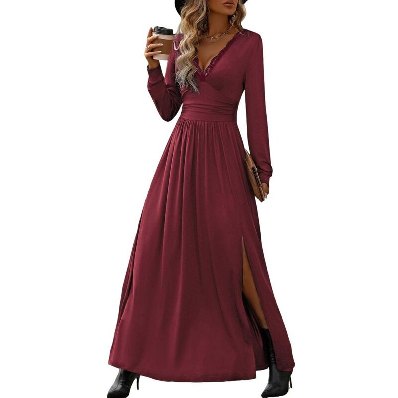 エリート肝ったま レディース トップス 衣装 V素っ首 マキシ EliteSpirit Women Long Sleeve Slit Deep V Neck Elegant Formal Weddinguest Cocktail Promaxi Long Dress Dark Red 赤いこと