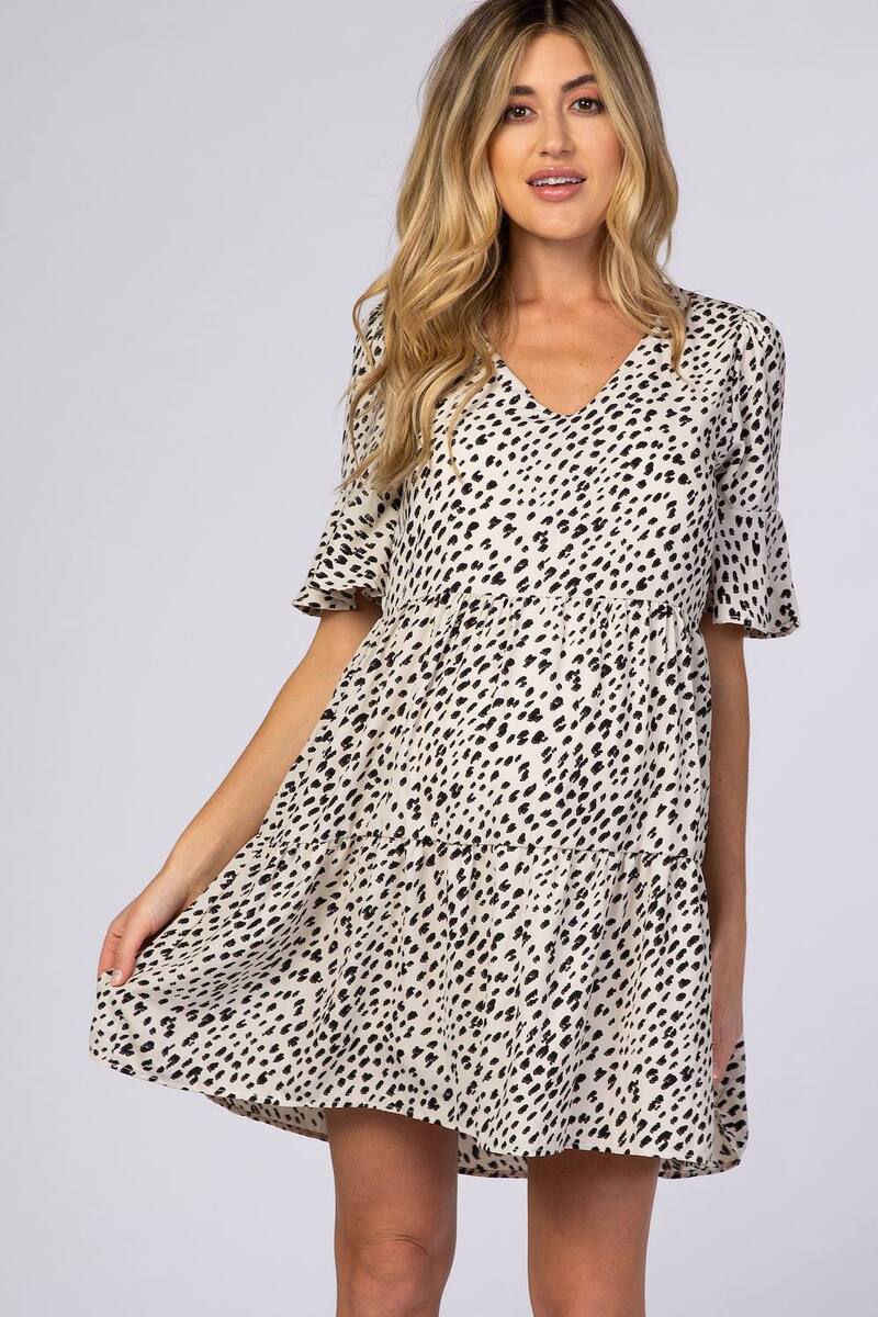 サクラ色毛はらい レディース トップス 衣装 毛の荒物柄 刷り上げる フラウンス マタニティ PinkBlush Maternity Animal Print Ruffle Sleeve Dress Beige ベージュ