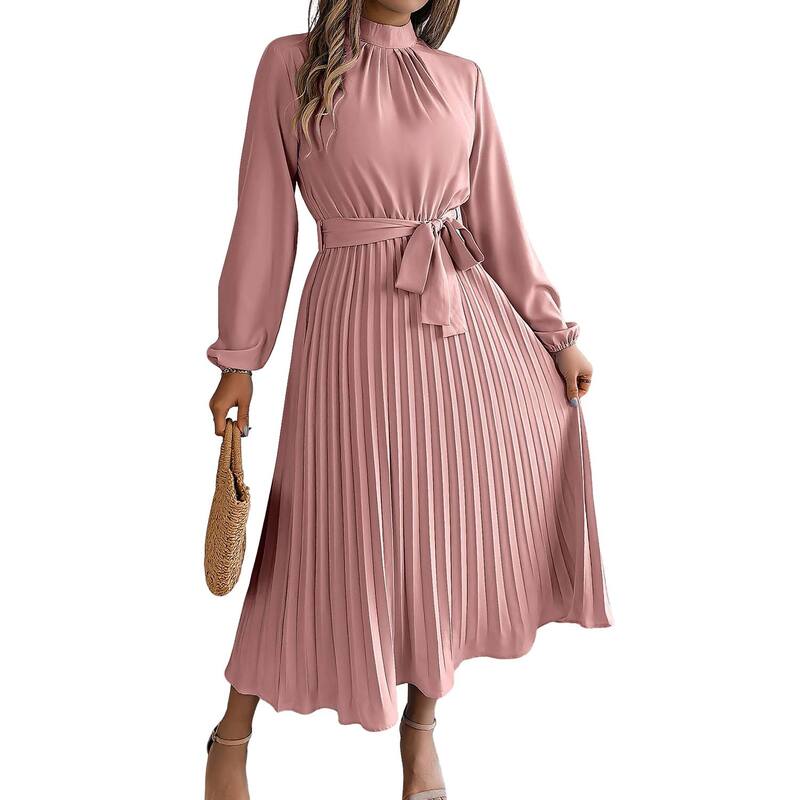 読みやすい御花 レディース トップス 衣装 筋目 midi ClearFlower Women\u0027s Midi Length Dresstand Collar Long Sleeve Pleated Self Tie Waist Flowy Casual Dress Pink サクラ色