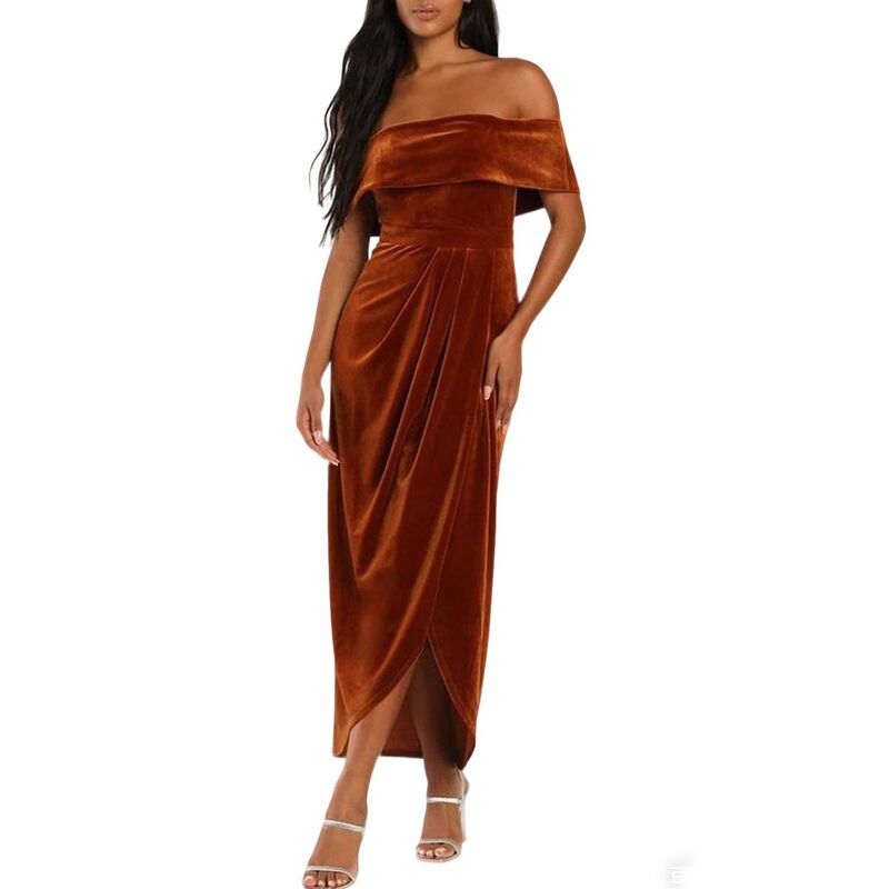 読みやすい御花 レディース トップス 衣装 ギャザー 天鵞絨 マキシ ClearFlower Women\u0027summer Casual Velvet Off Shoulder Maxi Dress Ruched Short Sleeve Slit Party Long Dress Light Brown 赤銅色