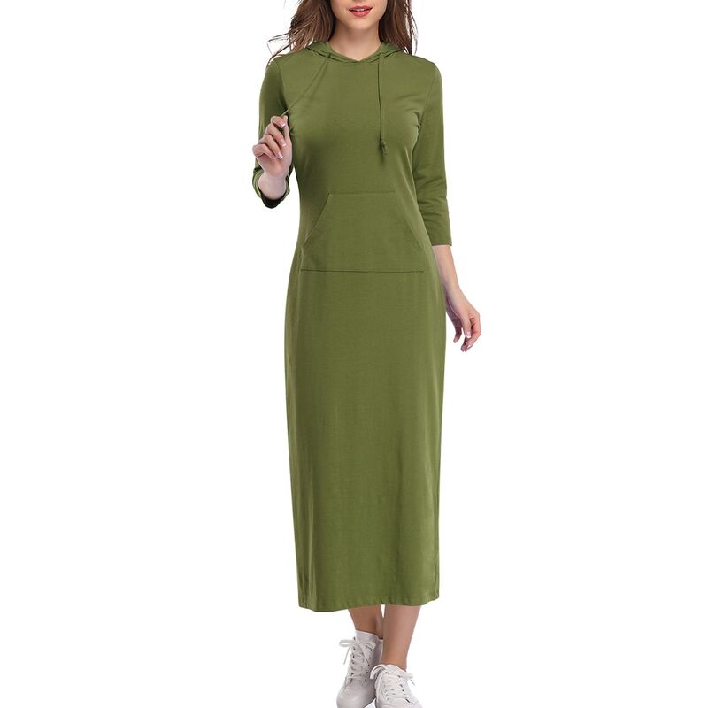 読みやすい御花 レディース トップス 衣装情の籠もった プルオーバー マキシ ClearFlower Women\u0027summer Fall 3/4 Long Sleeve Hoodedrawstring Maxi Dress Casual Pocket Sweatshirt Long Dress Army Green 緑であること