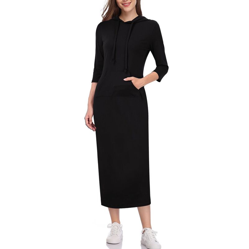 読みやすい御花 レディース トップス 衣装情の籠もった プルオーバー マキシ ClearFlower Women\u0027summer Fall 3/4 Long Sleeve Hoodedrawstring Maxi Dress Casual Pocket Sweatshirt Long Dress Black 黒いこと