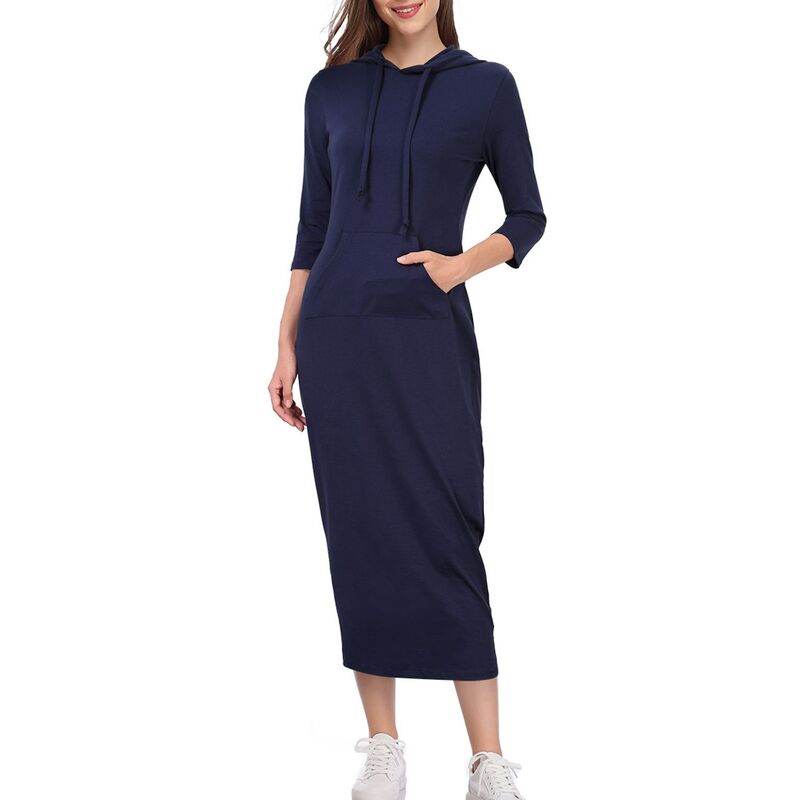 読みやすい御花 レディース トップス 衣装情の籠もった プルオーバー マキシ ClearFlower Women\u0027summer Fall 3/4 Long Sleeve Hoodedrawstring Maxi Dress Casual Pocket Sweatshirt Long Dress Dark Blue 青み