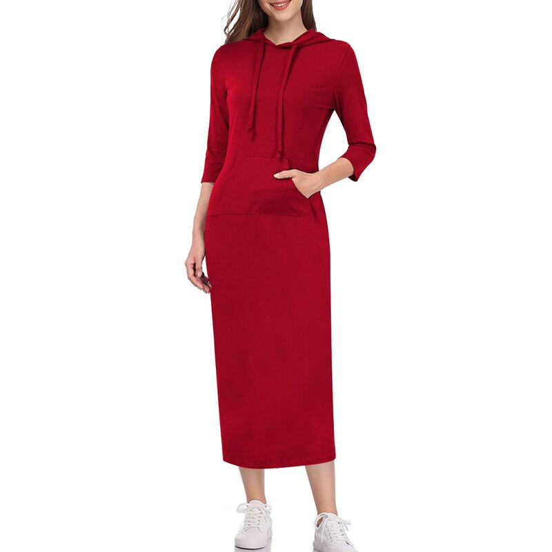 読みやすい御花 レディース トップス 衣装情の籠もった プルオーバー マキシ ClearFlower Women\u0027summer Fall 3/4 Long Sleeve Hoodedrawstring Maxi Dress Casual Pocket Sweatshirt Long Dress Wind Red 赤いこと