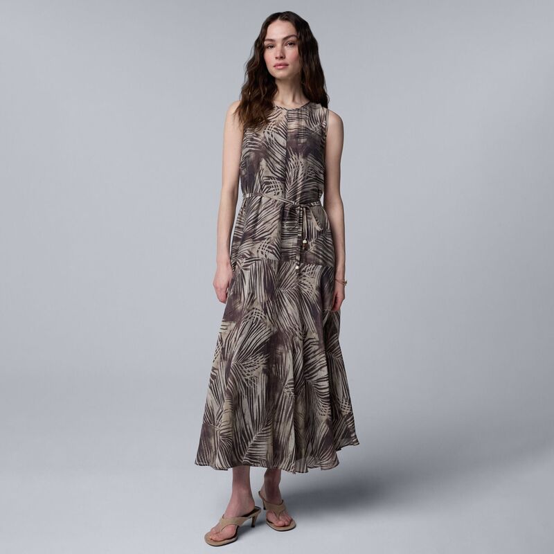 ヴェラウォン レディース トップス 衣装 プチ マキシ Petite Simply Vera Wang Beltedropwaist Maxi Dress Brown Palm Allover 赤銅色