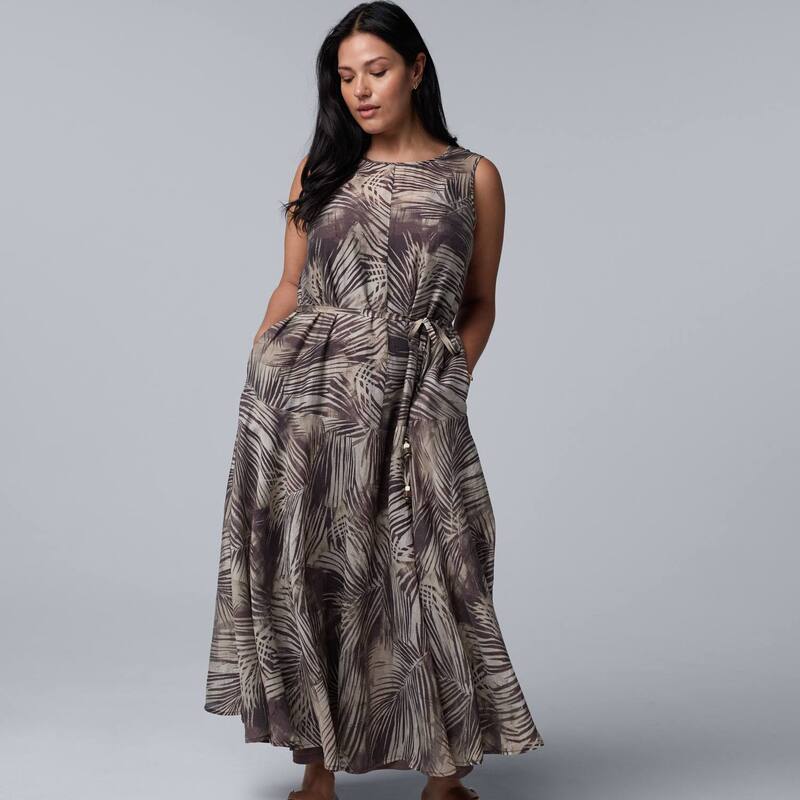 ヴェラウォン レディース トップス 衣装 つけ加える大きさ マキシ Plusize Simply Vera Wang Beltedropwaist Maxi Dress Brown Palm Allover 赤銅色