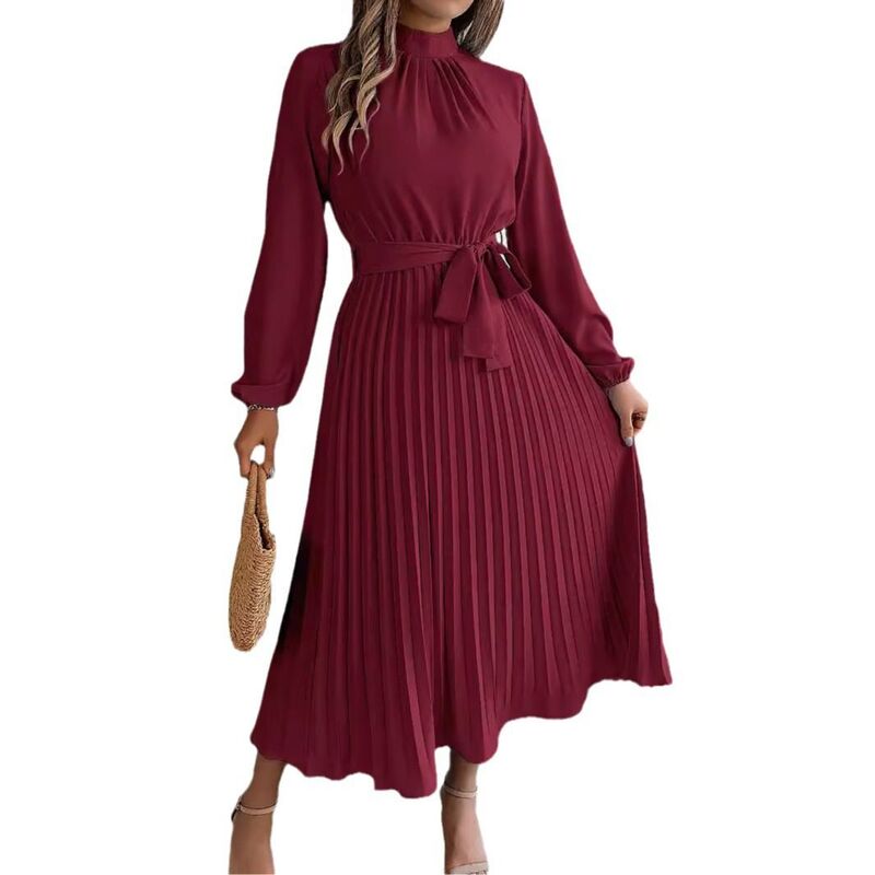 マキシスマーチ レディース トップス 衣装 モックネック 筋目 Maxxis Merch Womens Mock Neck Long Lantern Sleeve Dress Elegantie Front Flowy Cocktail Pleated Maxi Dresses Burgundy バーガンディ