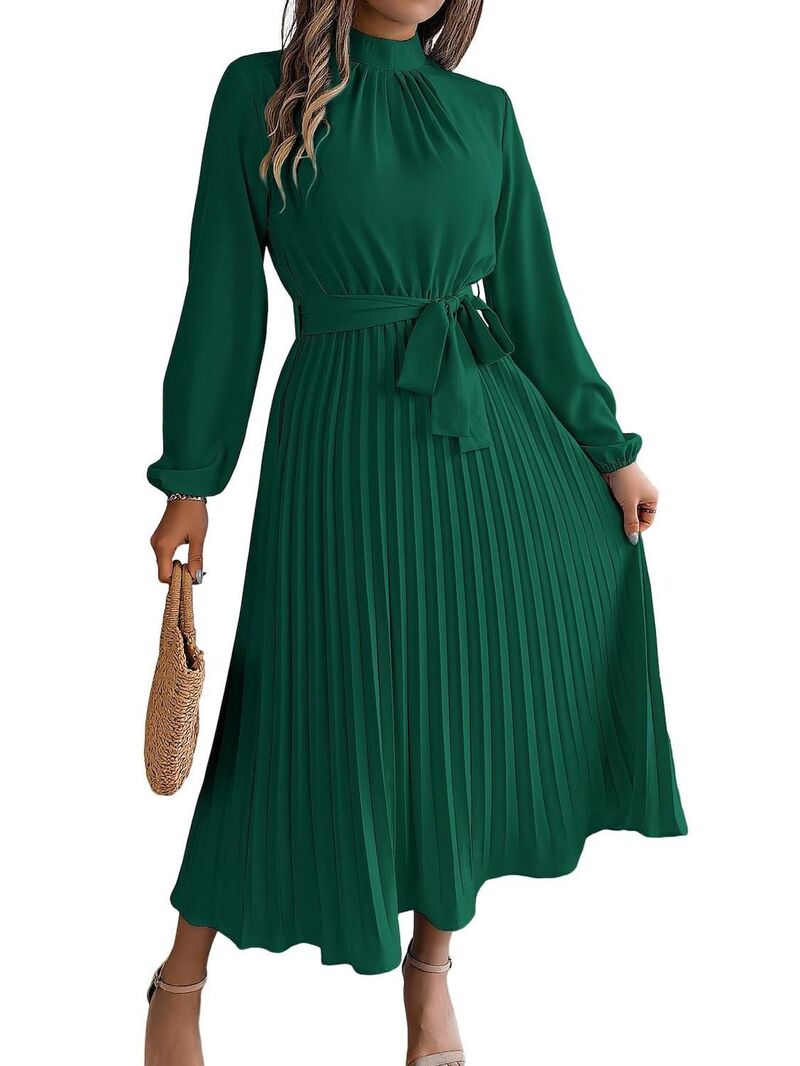 マキシスマーチ レディース トップス 衣装 モックネック 筋目 Maxxis Merch Womens Mock Neck Long Lantern Sleeve Dress Elegantie Front Flowy Cocktail Pleated Maxi Dresses Green 緑であること