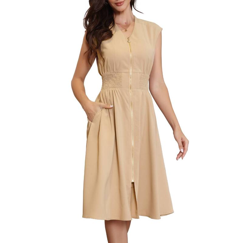 インスパイア 今めかしい レディース トップス 衣装 A 伝達ルート midi ノースリーブ シャーリング INSPIRE CHIC Work Dresses for Women\u0027smocked Waist Zipper Sleeveless A Line Midi Dress Khaki カーキ