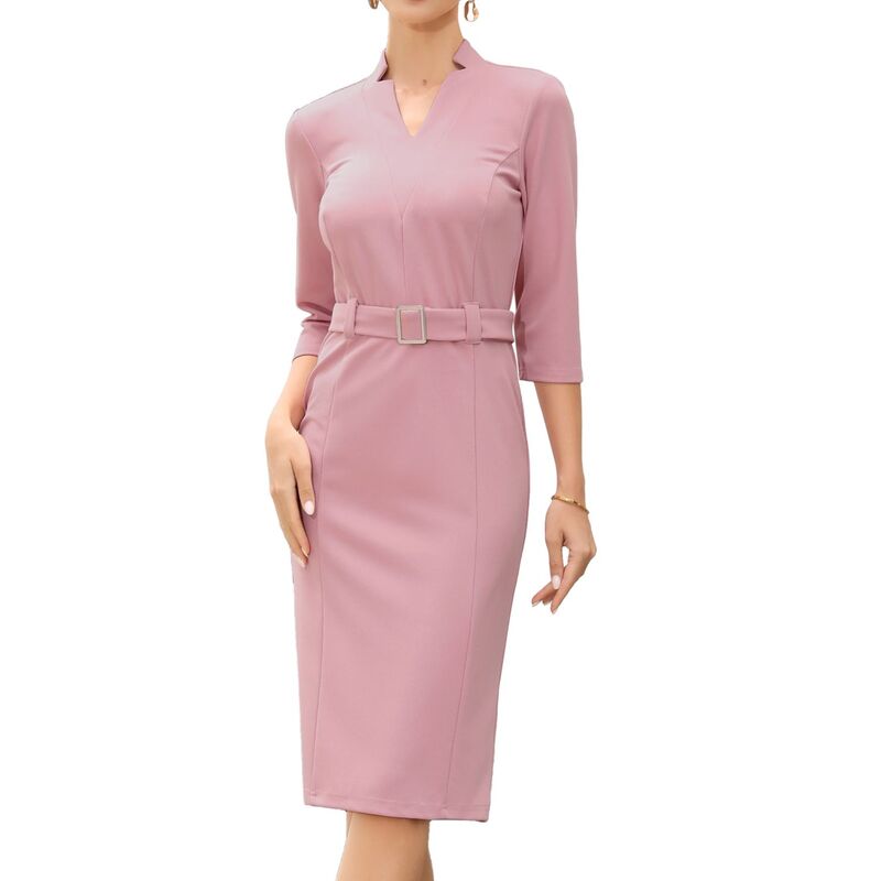 インスパイア 今めかしい レディース トップス 衣装 V素っ首 midi INSPIRE CHIC Work Dresses for Women 3/4 Sleeve V Neck Elegant Belted Formal Midi Dress Pink サクラ色